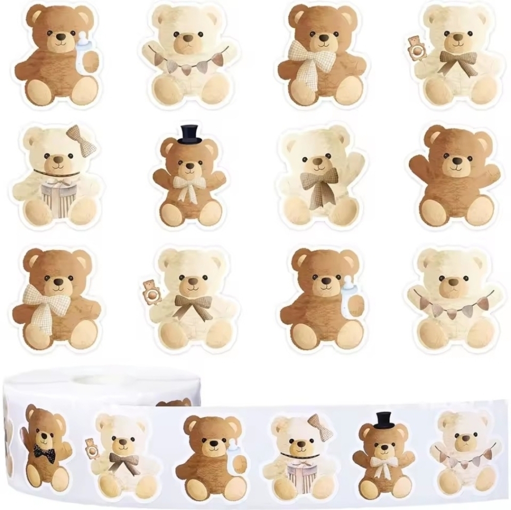 Teddy Bear Themed Party Sticker Roll - Brown & Cream